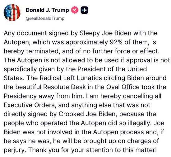 Trump Cancels Biden Orders Signed via Autopen