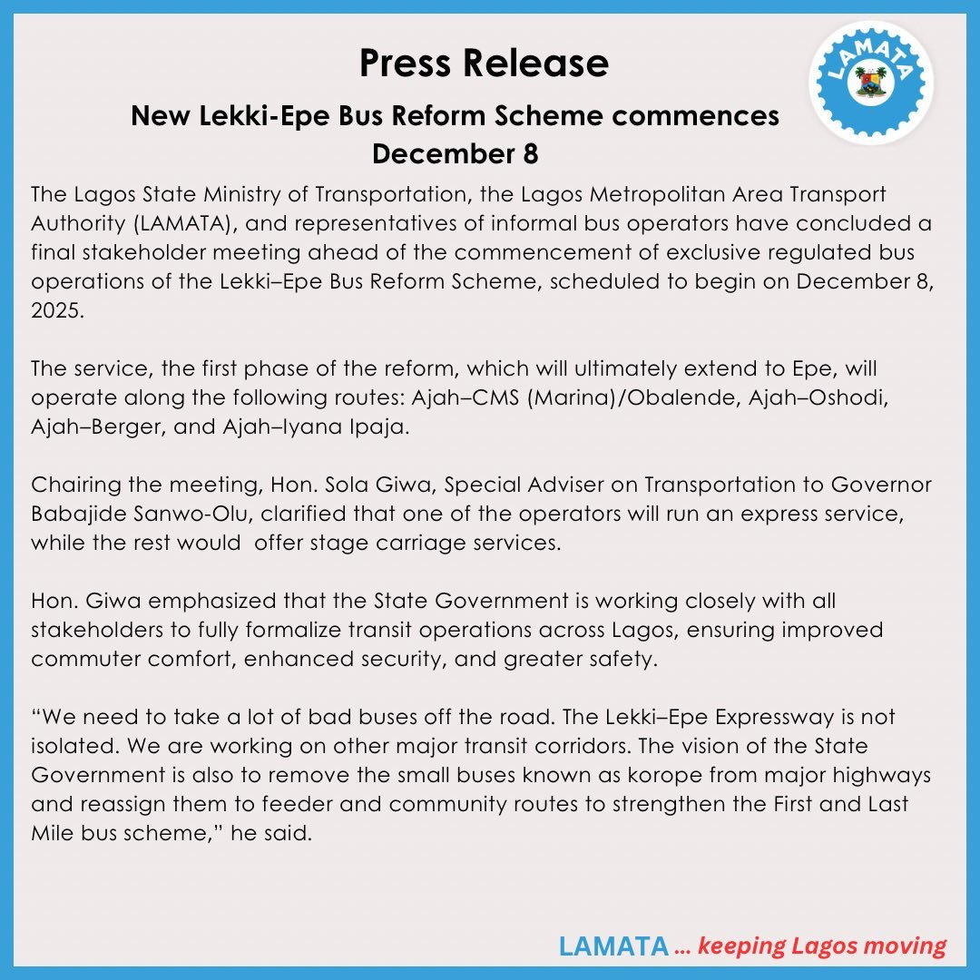 Lagos Set to Launch New Regulated Bus Operations on Lekki–Epe Corridor