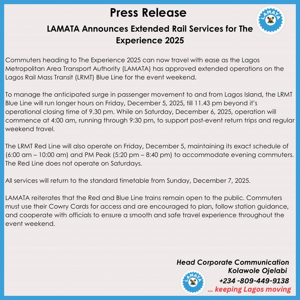 Lagos Extends Rail Hours for The Experience