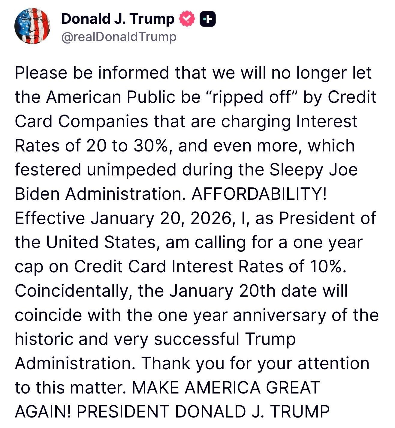 Trump Proposes One-Year 10% Cap on Credit Card Interest Rates