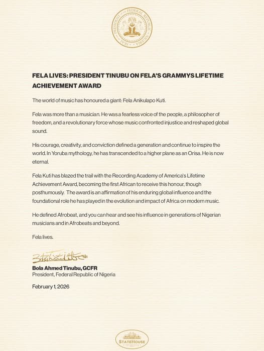 Tinubu celebrates Fela Kuti